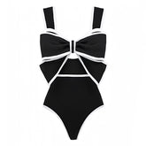 Black & White Lined Bow Cut-Out Spaghetti Strap One Piece Swimsuit